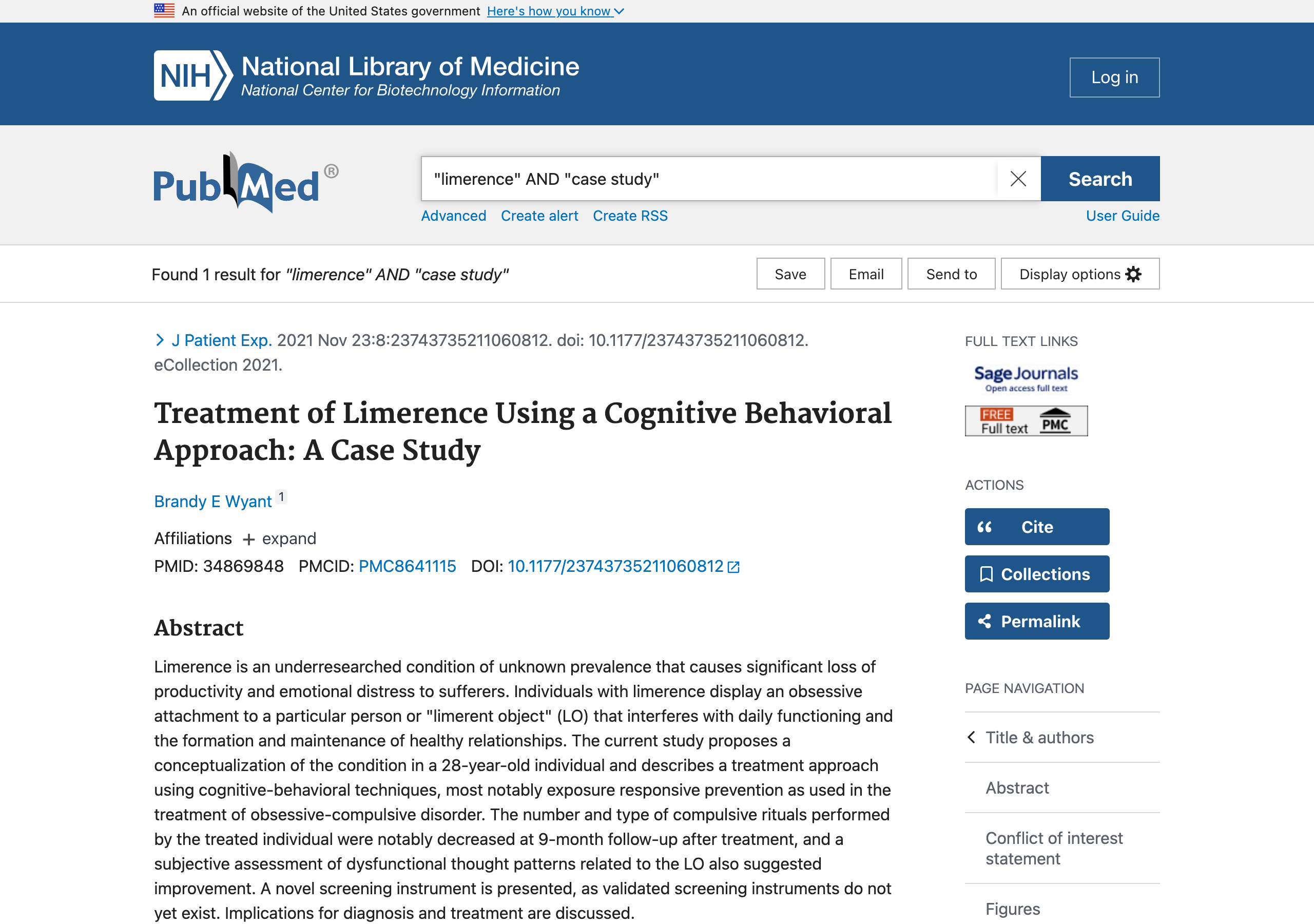 PubMed search for limerence and case study returning exactly one result, the Wyant 2021 case study
