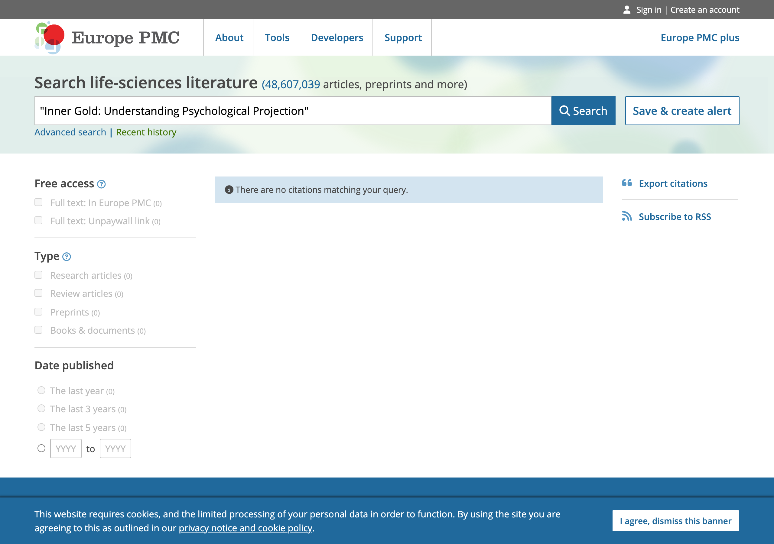 Europe PMC search results for the exact quoted book title 'Inner Gold: Understanding Psychological Projection', showing zero matching citations