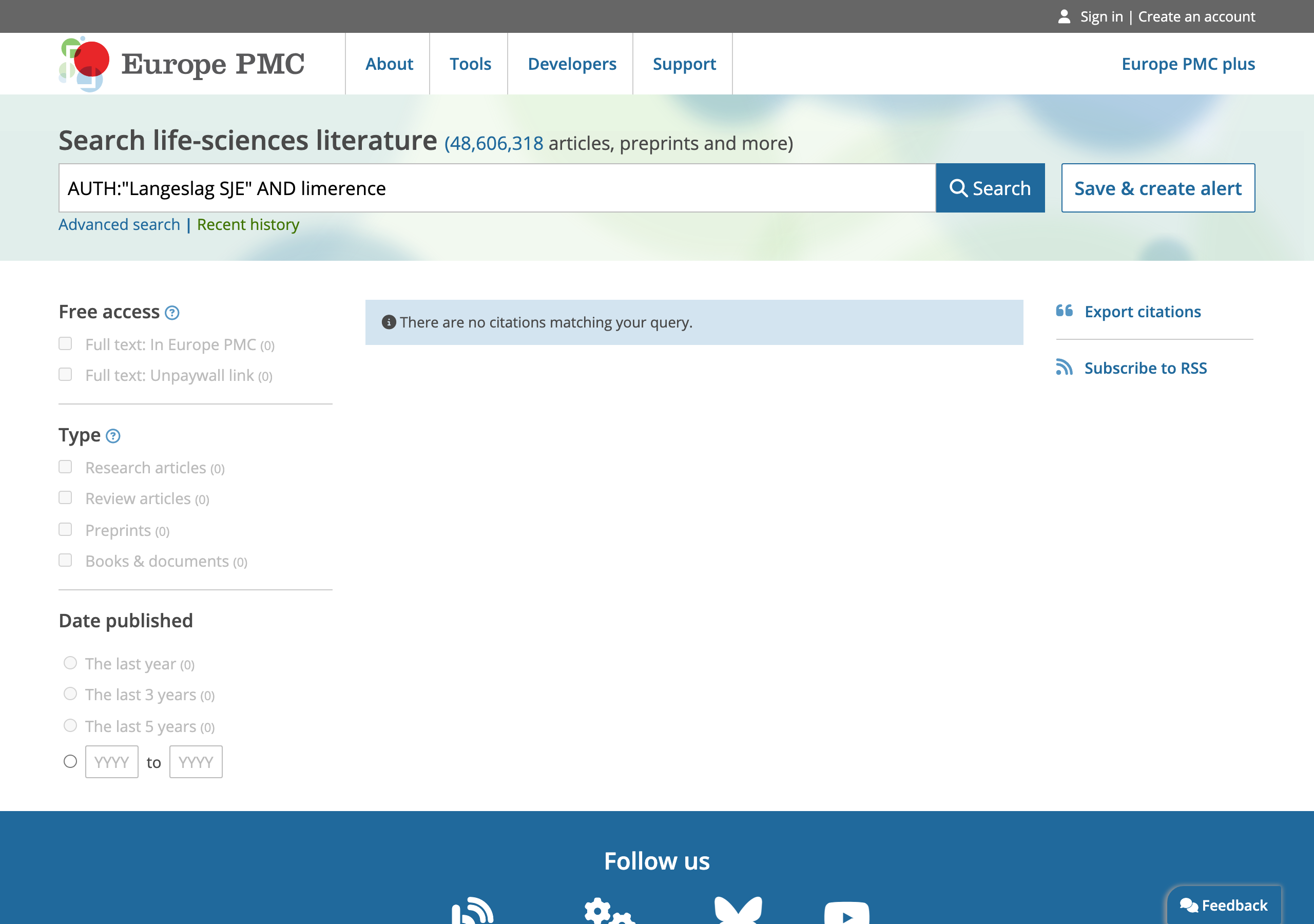 Europe PMC search results for Langeslag SJE AND limerence, showing no citations matching the query