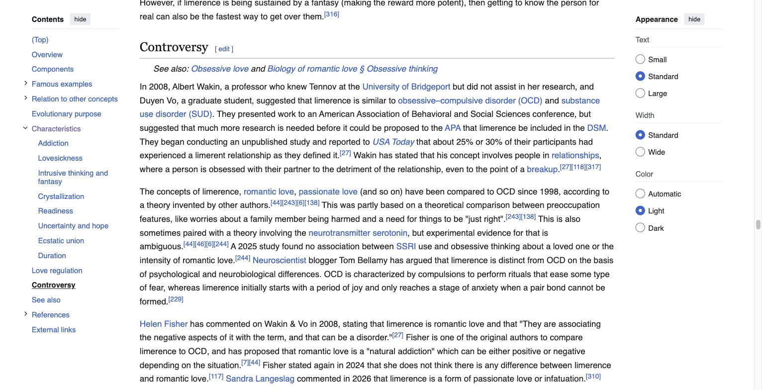 Wikipedia excerpt confirming limerence is not currently listed in the DSM