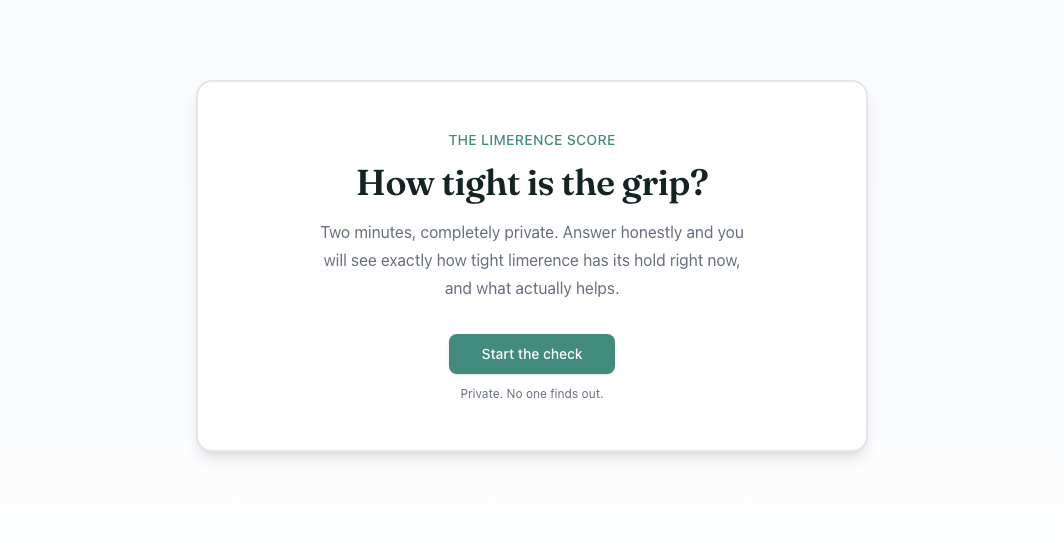 The Limerence Score quiz page on this site: How tight is the grip? Two minutes, completely private.