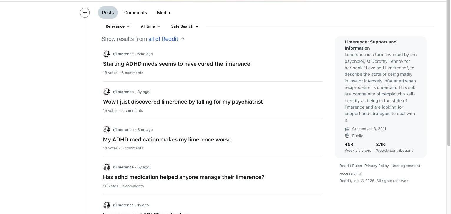 r/limerence search results for ADHD medication, showing one post saying medication helped and another saying it made limerence worse