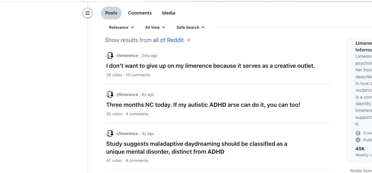 r/limerence search results for ADHD, showing posts naming ADHD alongside limerence