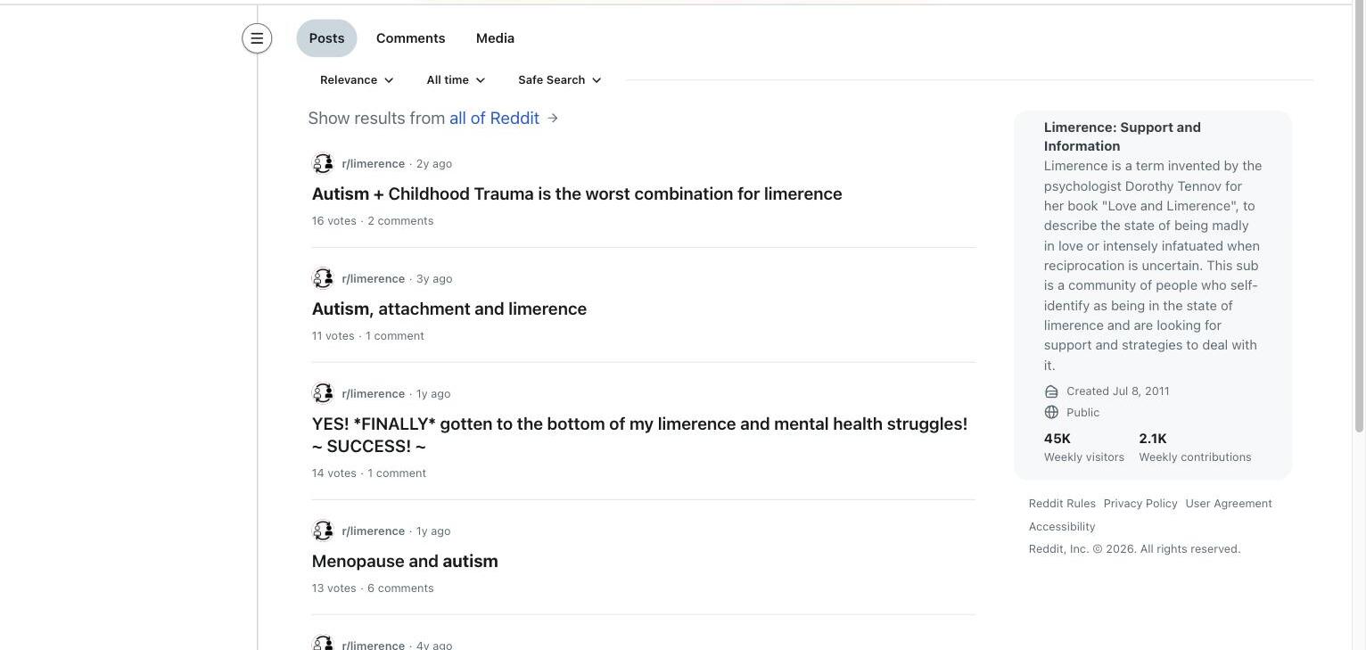 r/limerence search results for autism, showing posts naming autism alongside limerence