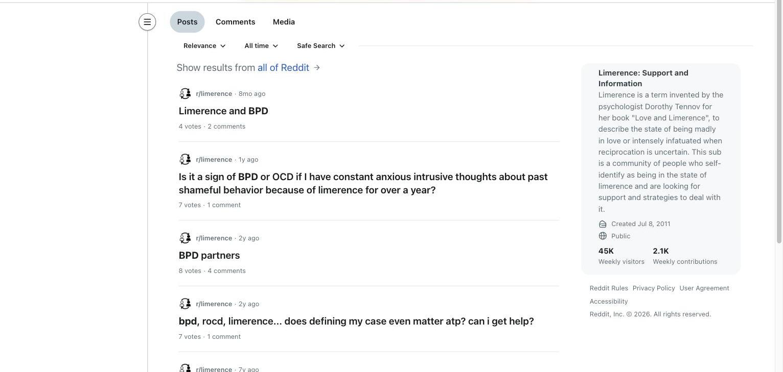r/limerence search results for BPD, showing posts naming BPD alongside limerence