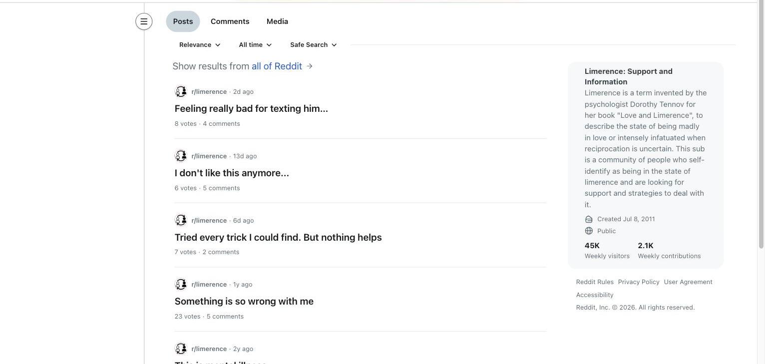 r/limerence search results for wrong with me, showing posts describing distress without naming any condition